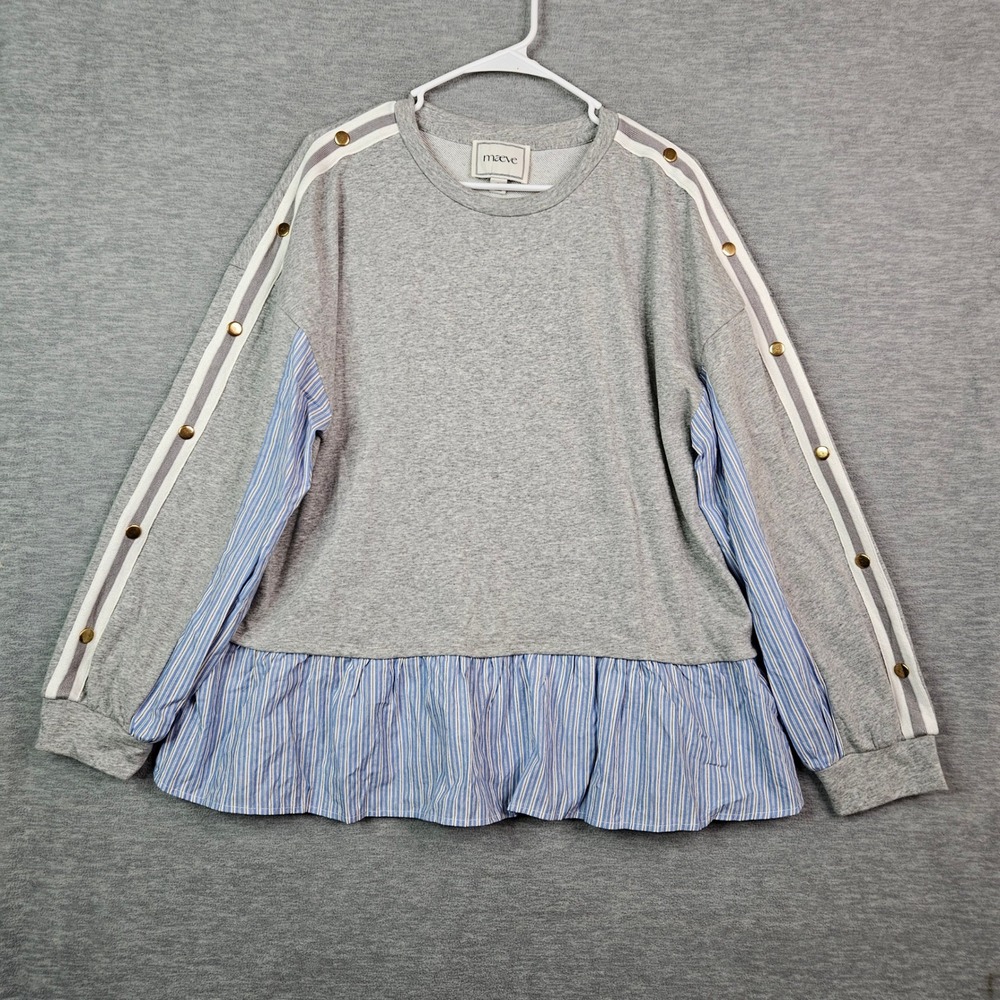 Maeve Anthropologie Mixed Media Sweatshirt Peplum Top Gray Blue Stripe Size L